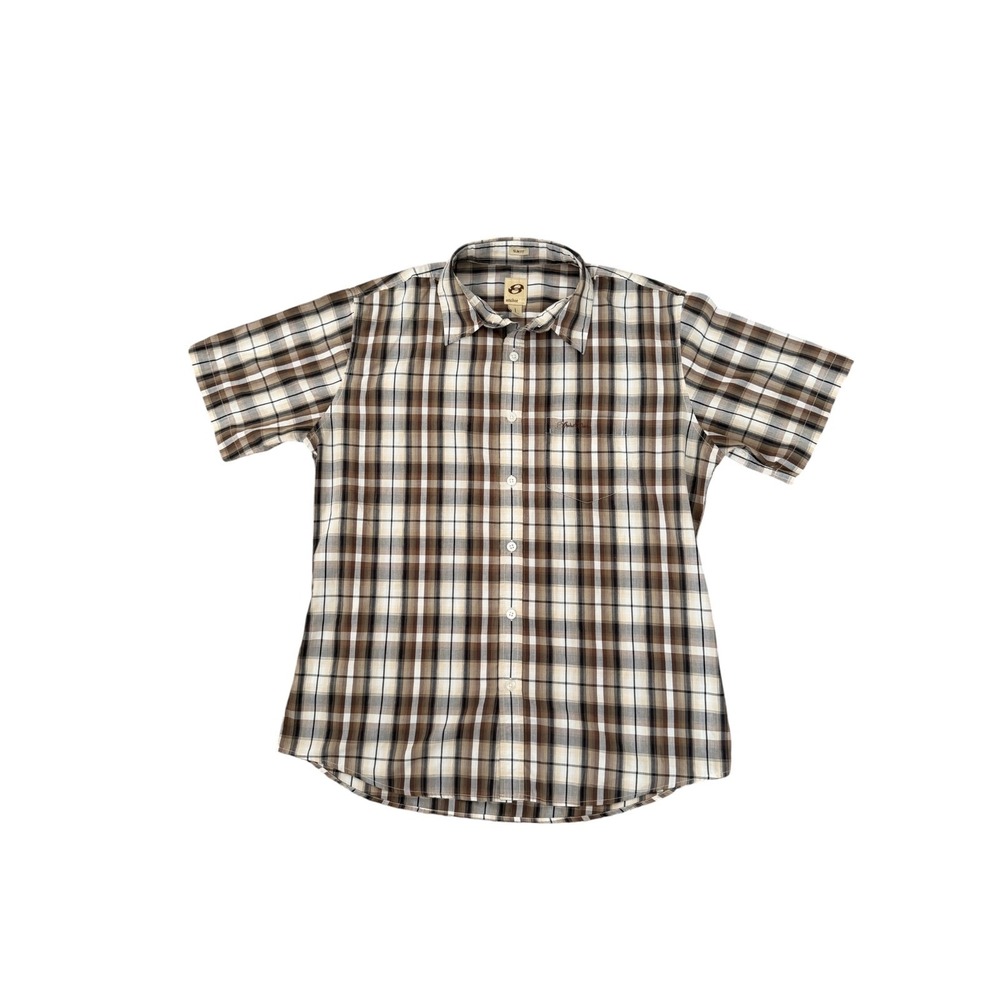 Y2K Anchor Blue Short Sleeve Men's Large Button Down Shirt Brown White Plaid